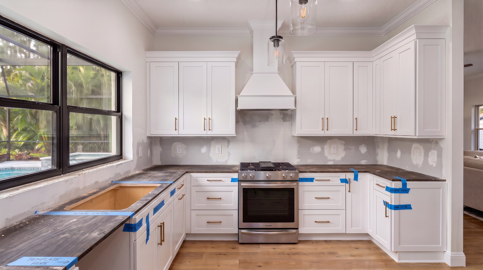 New white cabinets installed, no countertops yet