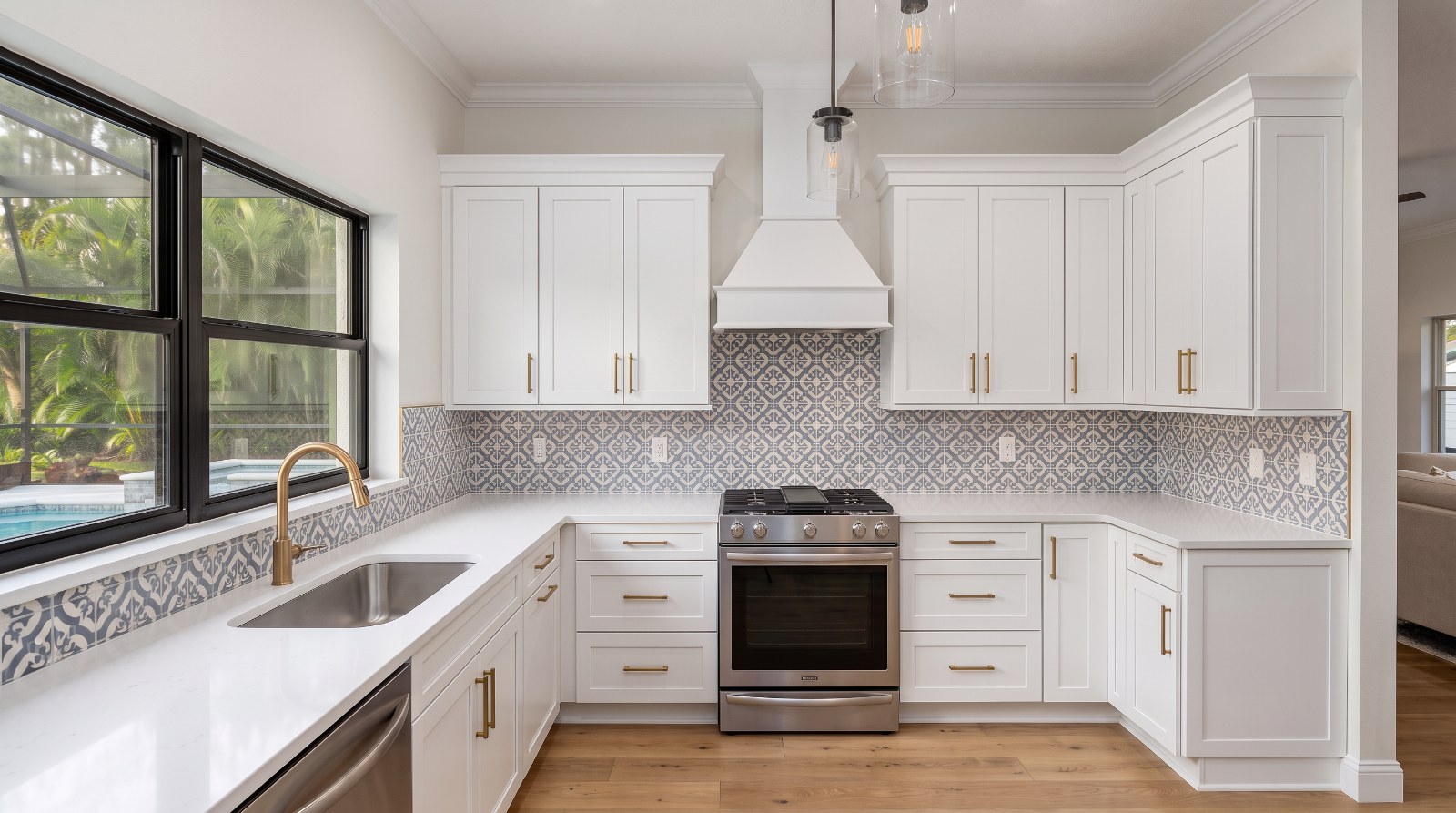 Patterned tile backsplash installed